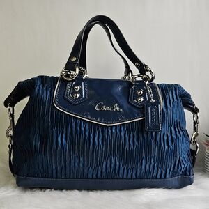 Coach Navy Blue Pleated Satchel with Black Handles